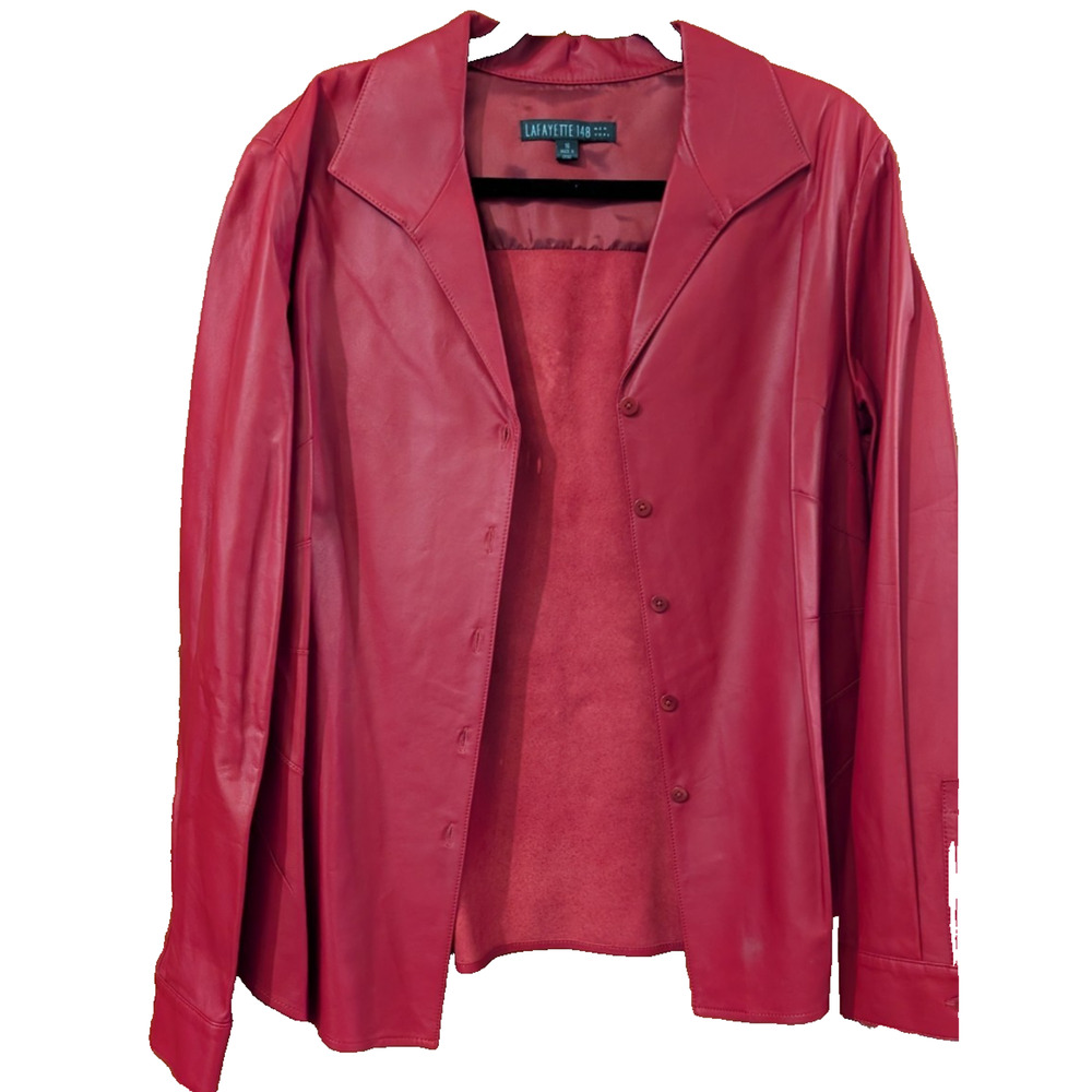 Lafayette 148 New York Lambskin Leather Button Up Shirt Red Size 16 NEW - Picture 3 of 8